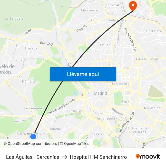 Las Águilas - Cercanías to Hospital HM Sanchinarro map