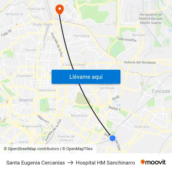 Santa Eugenia Cercanías to Hospital HM Sanchinarro map