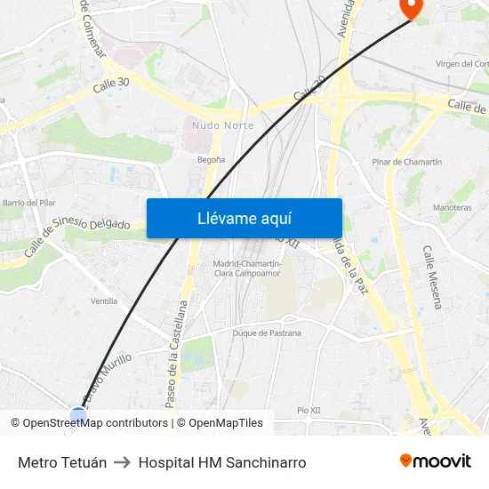 Metro Tetuán to Hospital HM Sanchinarro map