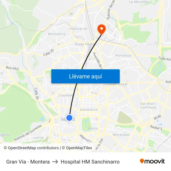 Gran Vía - Montera to Hospital HM Sanchinarro map