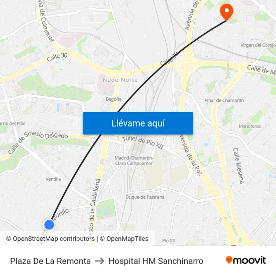 Plaza De La Remonta to Hospital HM Sanchinarro map
