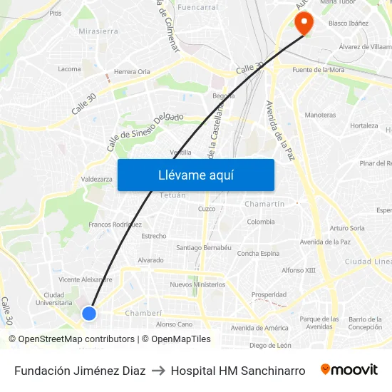Fundación Jiménez Diaz to Hospital HM Sanchinarro map