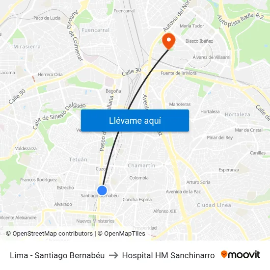 Lima - Santiago Bernabéu to Hospital HM Sanchinarro map