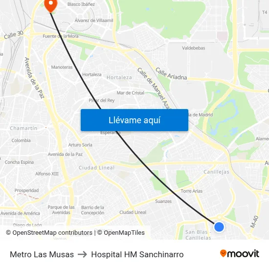 Metro Las Musas to Hospital HM Sanchinarro map
