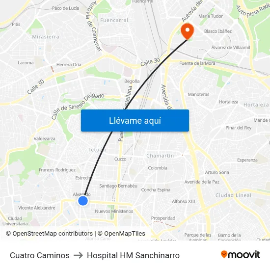Cuatro Caminos to Hospital HM Sanchinarro map