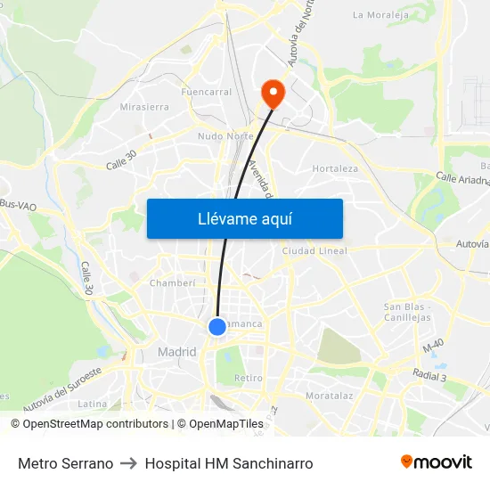 Metro Serrano to Hospital HM Sanchinarro map