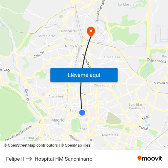 Felipe II to Hospital HM Sanchinarro map