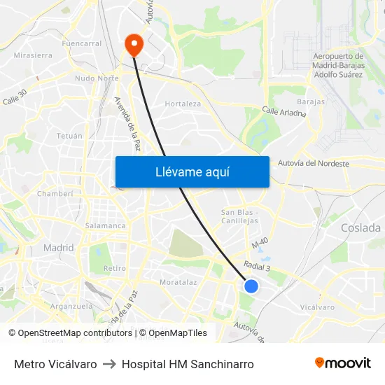 Metro Vicálvaro to Hospital HM Sanchinarro map