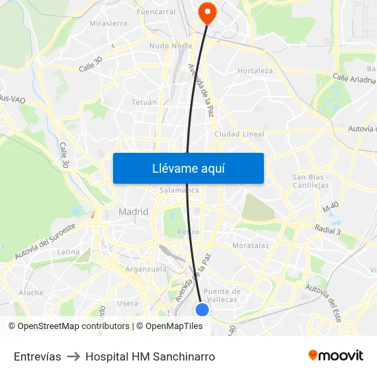 Entrevías to Hospital HM Sanchinarro map