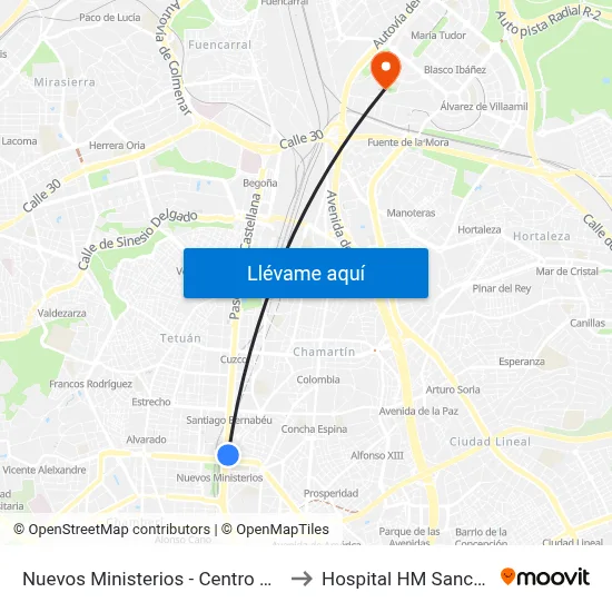 Nuevos Ministerios - Centro Comercial to Hospital HM Sanchinarro map
