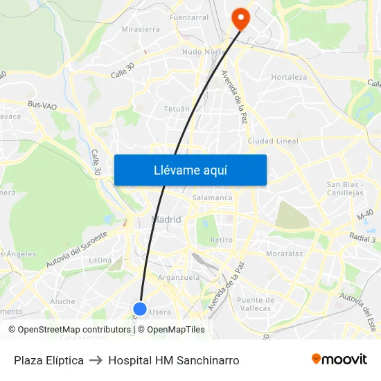 Plaza Elíptica to Hospital HM Sanchinarro map
