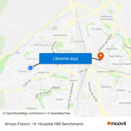 Arroyo Fresno to Hospital HM Sanchinarro map