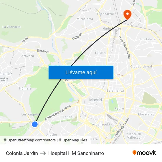 Colonia Jardín to Hospital HM Sanchinarro map