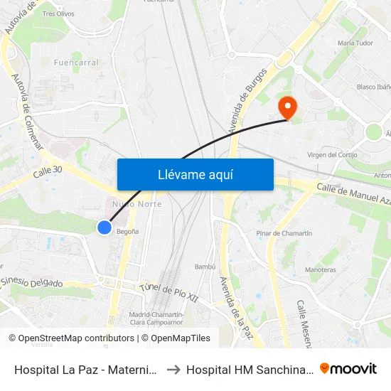 Hospital La Paz - Maternidad to Hospital HM Sanchinarro map