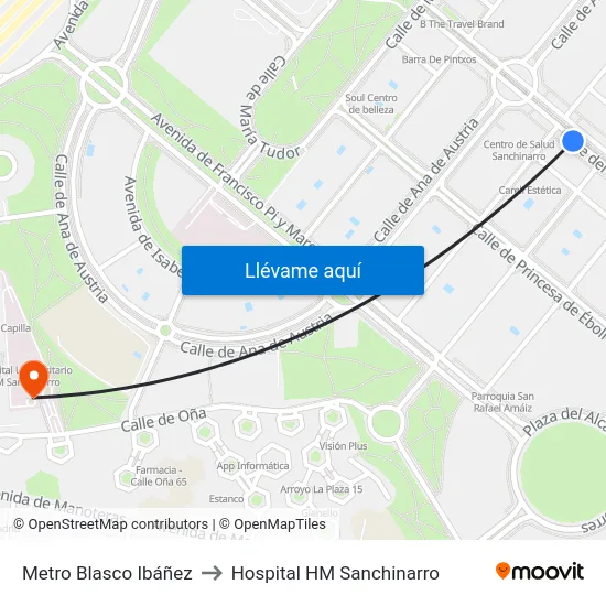 Metro Blasco Ibáñez to Hospital HM Sanchinarro map