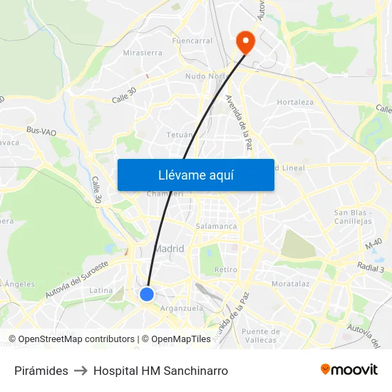 Pirámides to Hospital HM Sanchinarro map