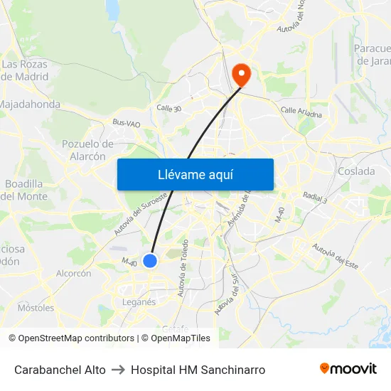 Carabanchel Alto to Hospital HM Sanchinarro map