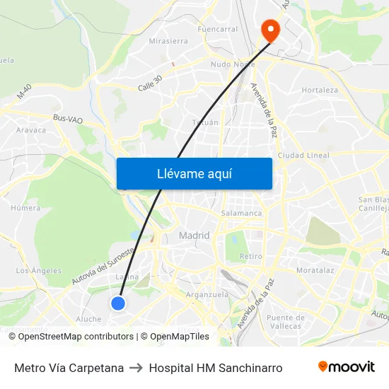 Metro Vía Carpetana to Hospital HM Sanchinarro map