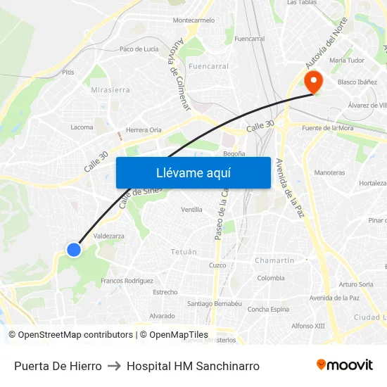 Puerta De Hierro to Hospital HM Sanchinarro map