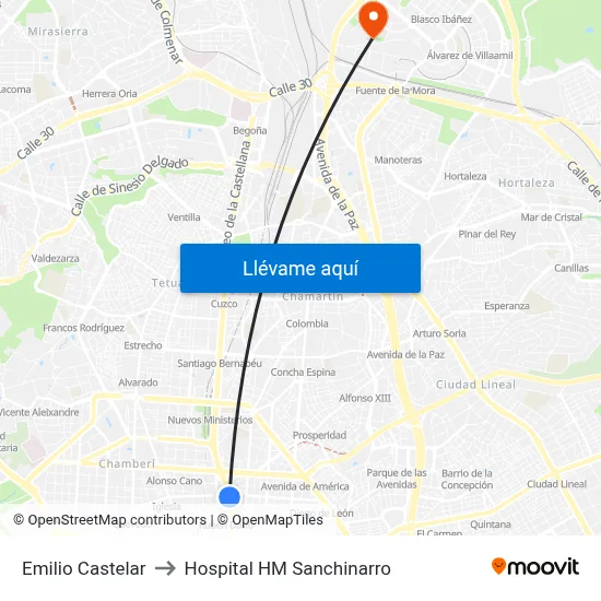 Emilio Castelar to Hospital HM Sanchinarro map