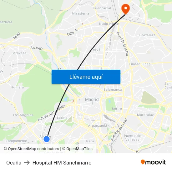 Ocaña to Hospital HM Sanchinarro map