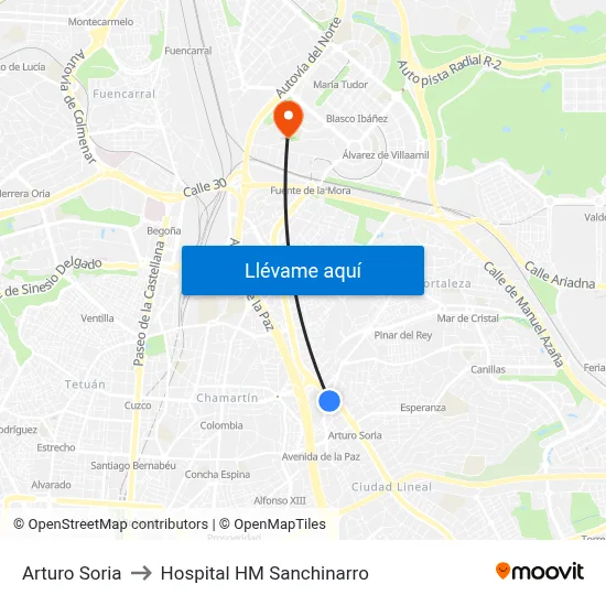 Arturo Soria to Hospital HM Sanchinarro map