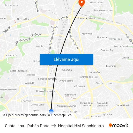 Castellana - Rubén Darío to Hospital HM Sanchinarro map