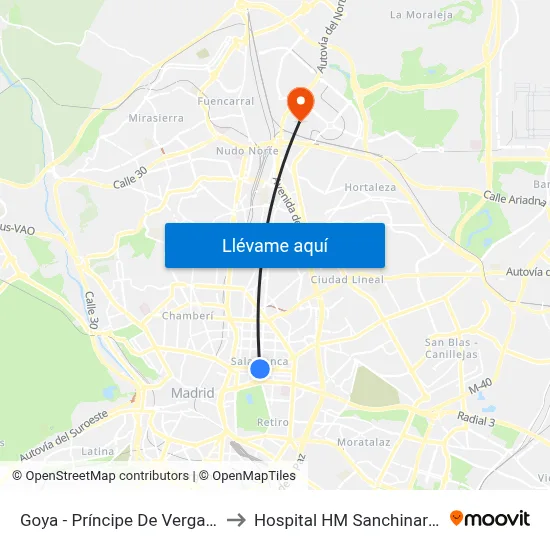 Goya - Príncipe De Vergara to Hospital HM Sanchinarro map