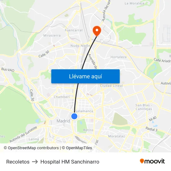 Recoletos to Hospital HM Sanchinarro map