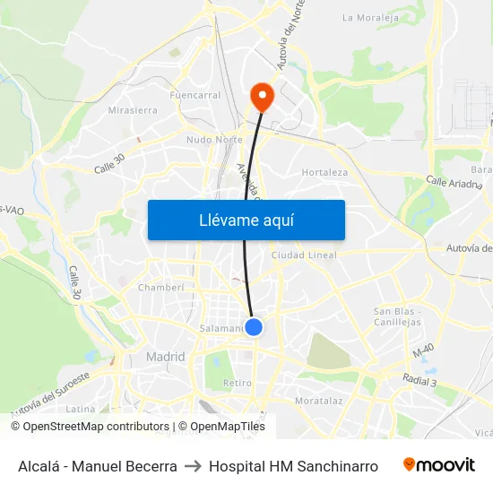 Alcalá - Manuel Becerra to Hospital HM Sanchinarro map