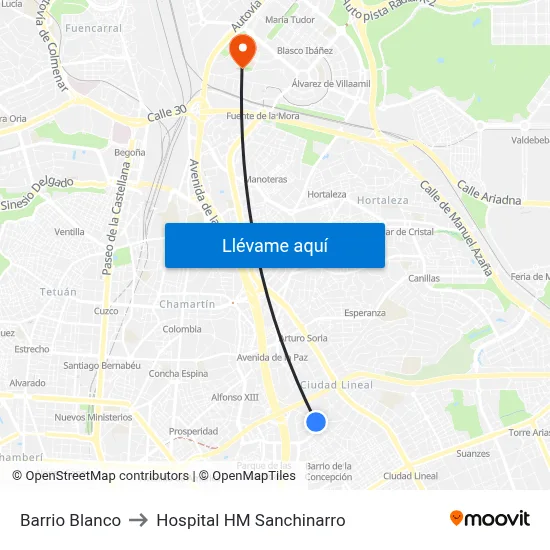Barrio Blanco to Hospital HM Sanchinarro map
