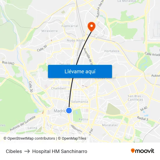 Cibeles to Hospital HM Sanchinarro map
