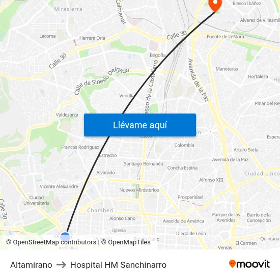 Altamirano to Hospital HM Sanchinarro map