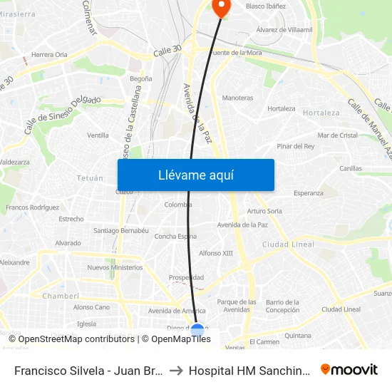 Francisco Silvela - Juan Bravo to Hospital HM Sanchinarro map