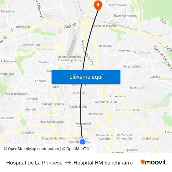 Hospital De La Princesa to Hospital HM Sanchinarro map