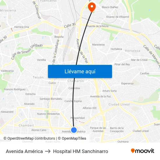 Avenida América to Hospital HM Sanchinarro map
