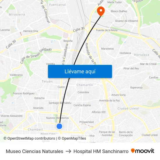 Museo Ciencias Naturales to Hospital HM Sanchinarro map