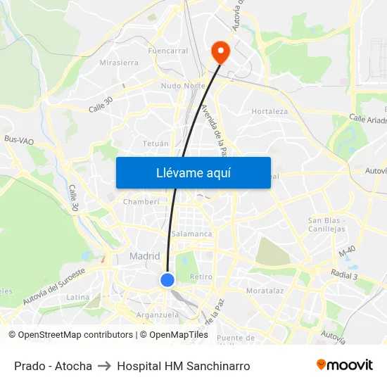Prado - Atocha to Hospital HM Sanchinarro map
