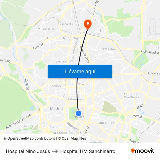 Hospital Niño Jesús to Hospital HM Sanchinarro map