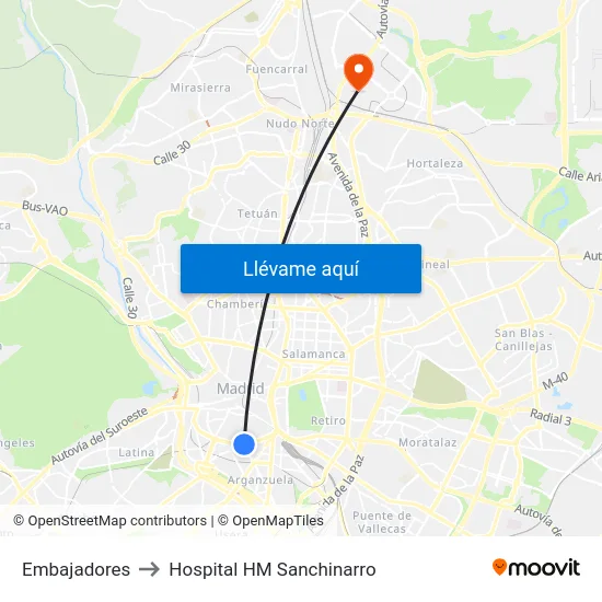 Embajadores to Hospital HM Sanchinarro map