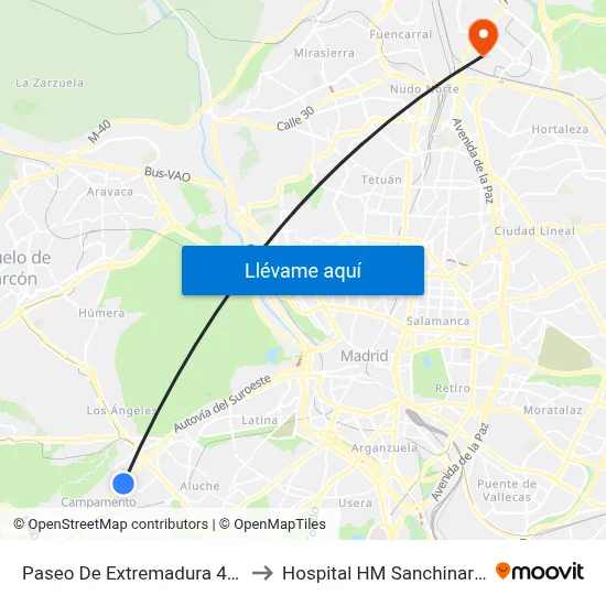 Paseo De Extremadura 445 to Hospital HM Sanchinarro map
