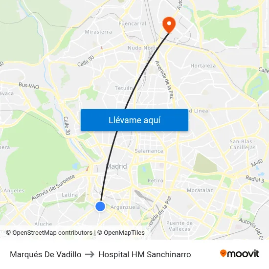 Marqués De Vadillo to Hospital HM Sanchinarro map