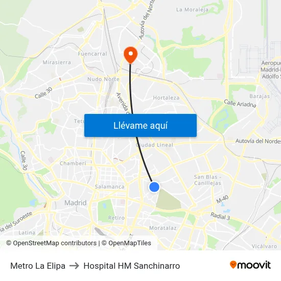Metro La Elipa to Hospital HM Sanchinarro map