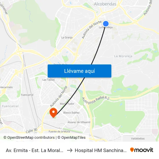 Av. Ermita - Est. La Moraleja to Hospital HM Sanchinarro map