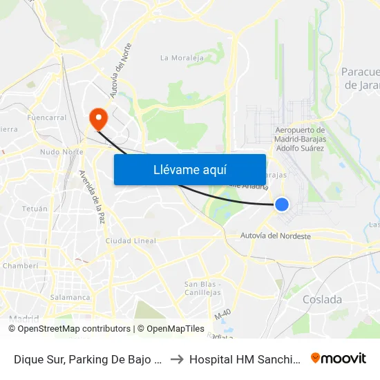 Dique Sur, Parking De Bajo Coste to Hospital HM Sanchinarro map