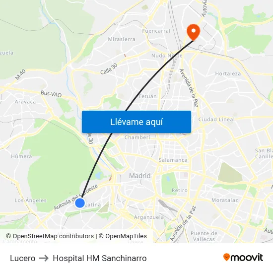 Lucero to Hospital HM Sanchinarro map