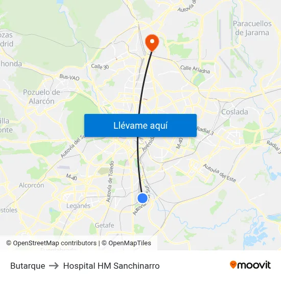 Butarque to Hospital HM Sanchinarro map