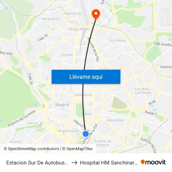 Estacion Sur De Autobuses to Hospital HM Sanchinarro map