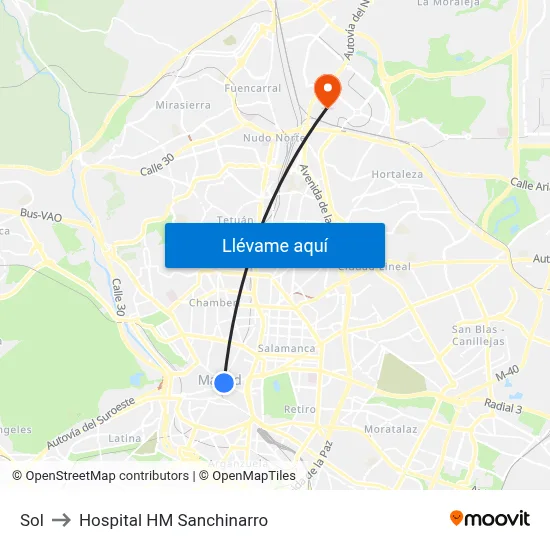 Sol to Hospital HM Sanchinarro map