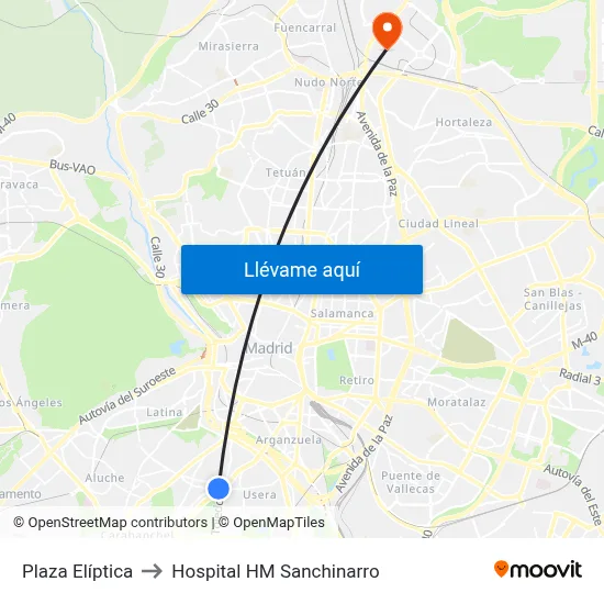 Plaza Elíptica to Hospital HM Sanchinarro map